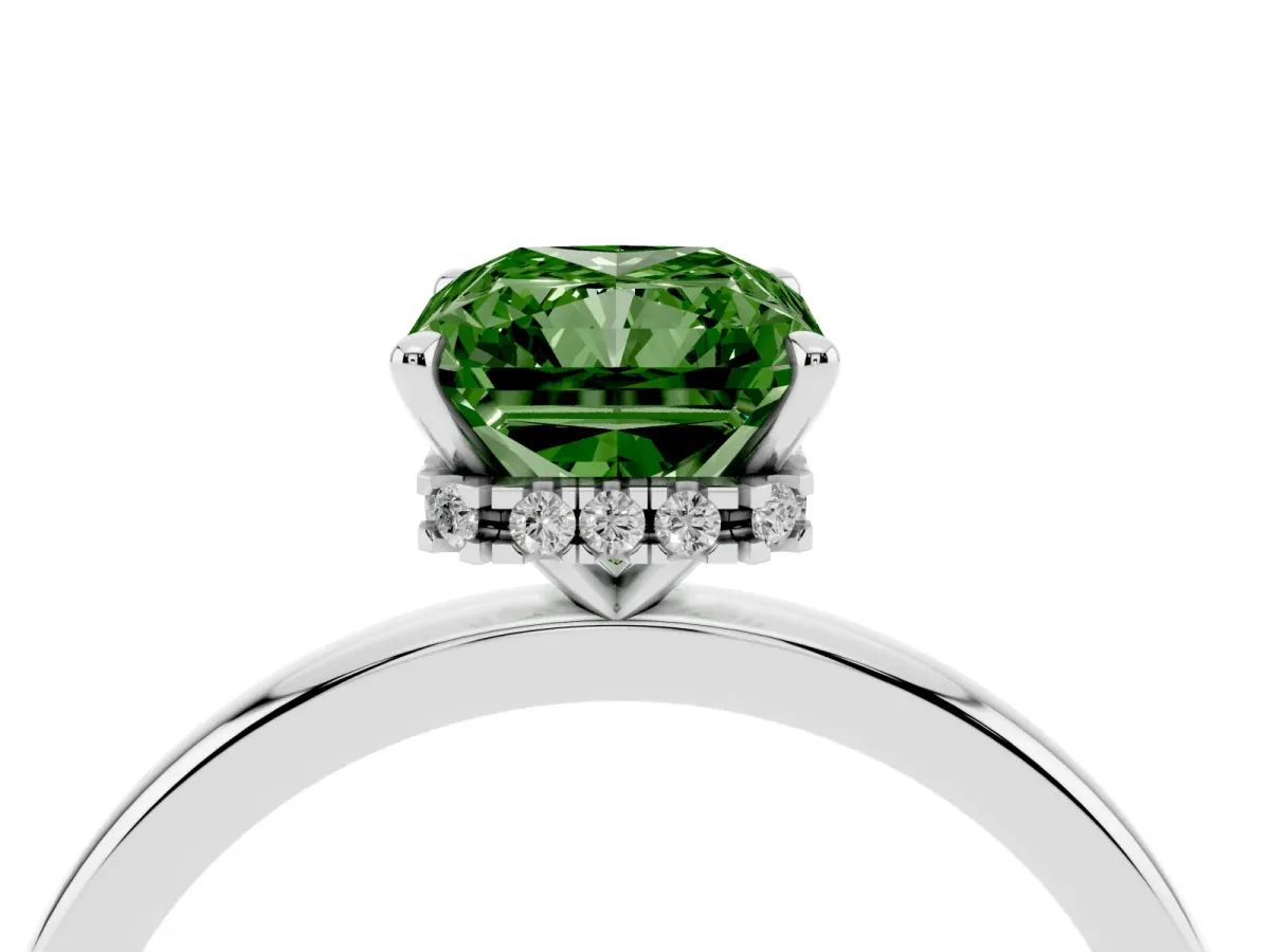Fancy Green Radiant Cut Solitaire Engagement Ring with Cathedral Band and Four-Prong Setting Silver