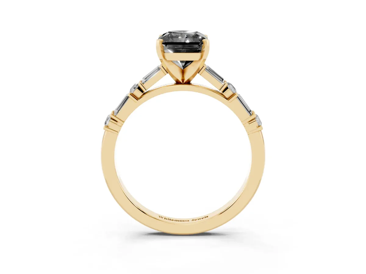 Fancy Black Radiant Cut Diamond Solitaire with Side Baguettes and Channel Set Band Yellow gold