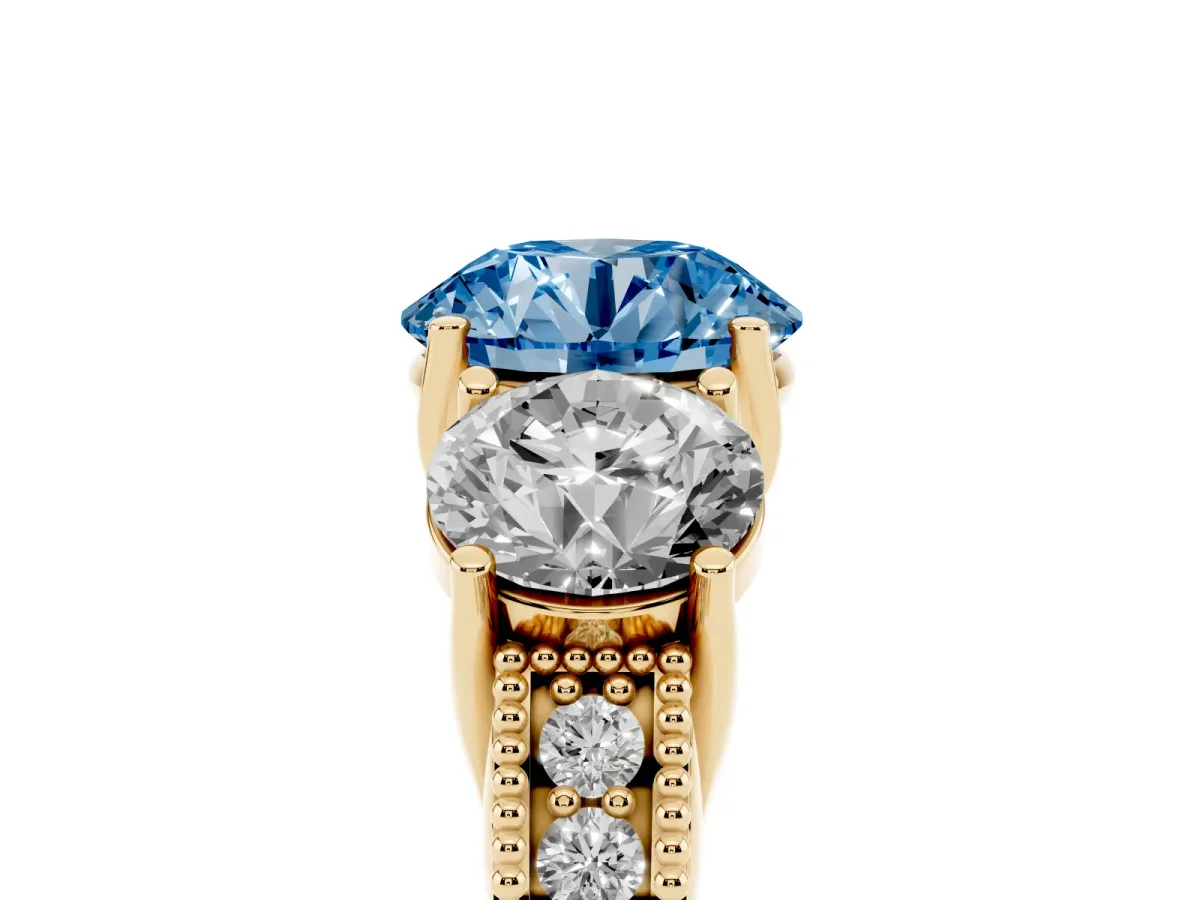 Fancy Blue Three-Stone Round Cut Cut Milgrain Pavé Engagement Ring Yellow gold