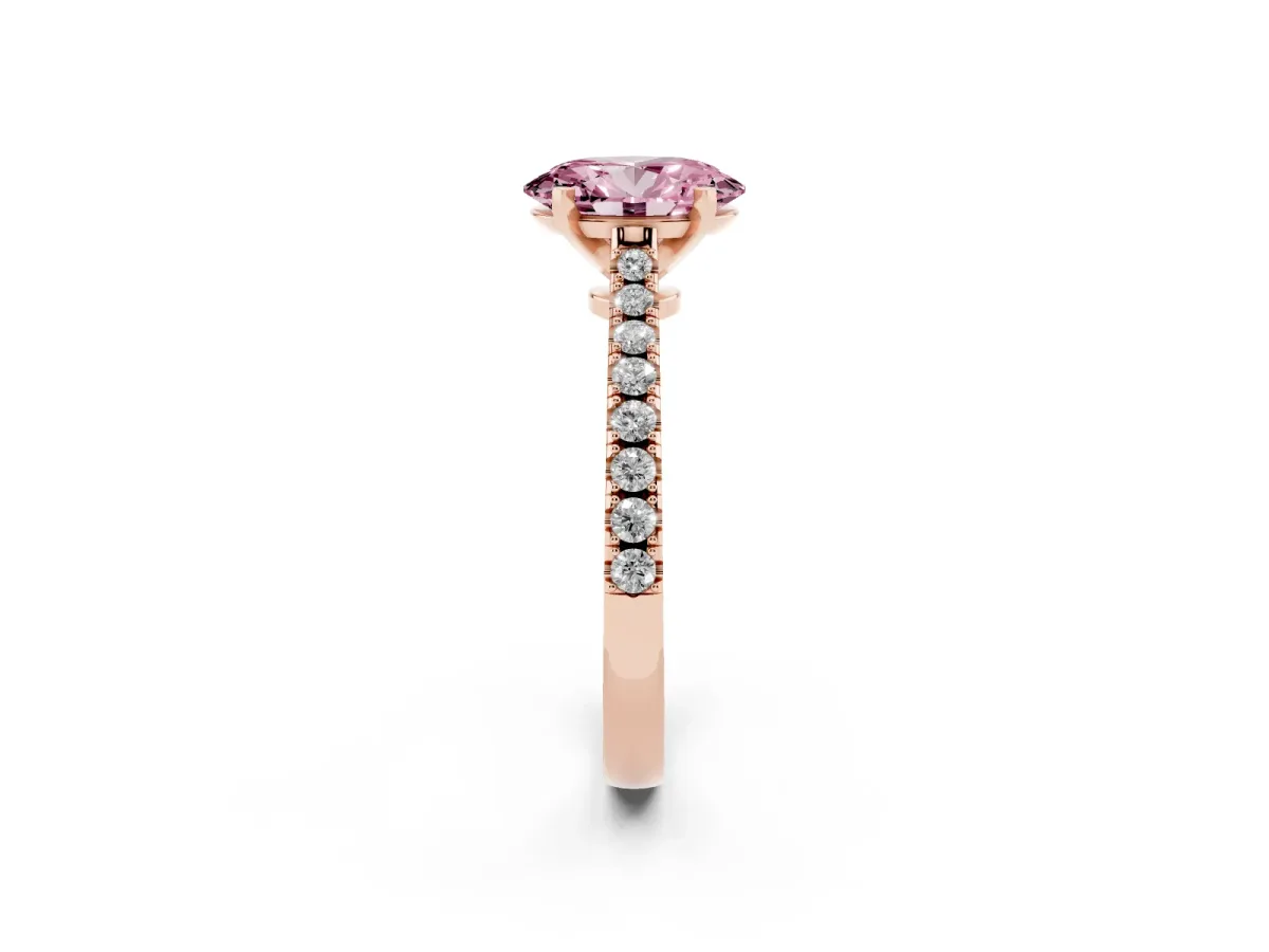 Fancy Pink Oval Cut Cut Solitaire Diamond Engagement Ring with Pave Band and Four-Prong Setting Rose gold