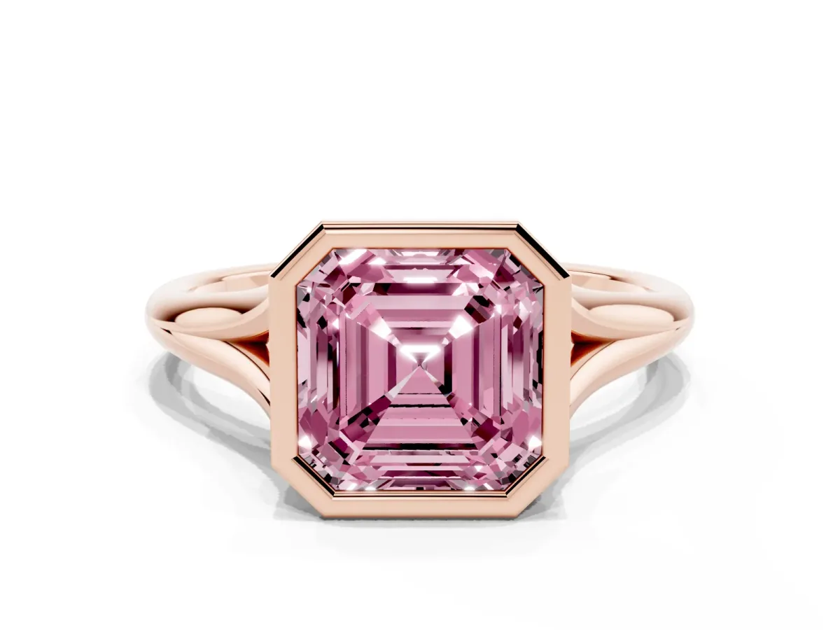 Fancy Pink Bezel Set Asscher Cut Cut Solitaire Ring with Tapered Band Rose gold