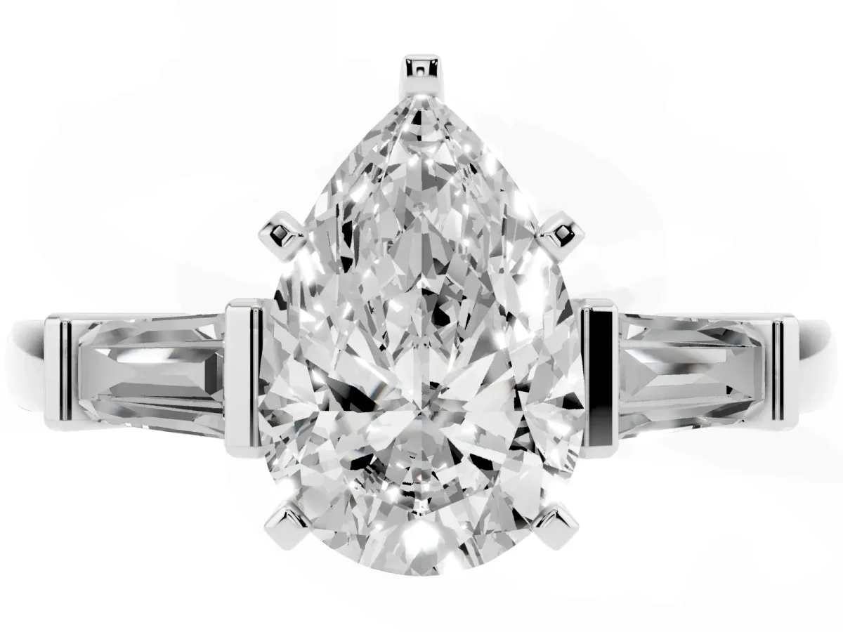 Pear Cut Cut Diamond Solitaire Ring with Tapered Baguette Accents and Four-Prong Setting White gold