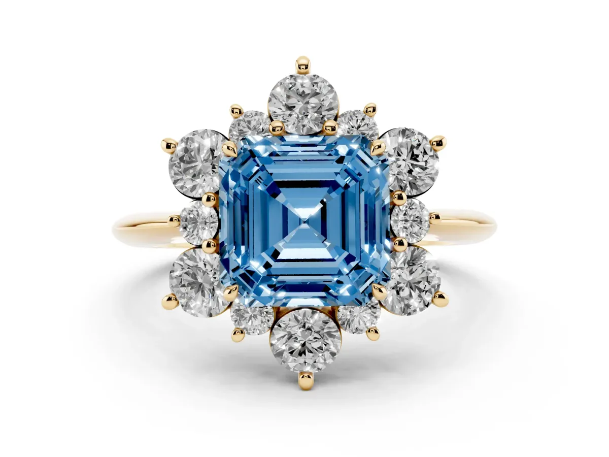 Fancy Blue Asscher Cut Diamond Cluster Halo Ring with Solitaire Band and Four-Prong Setting Yellow gold
