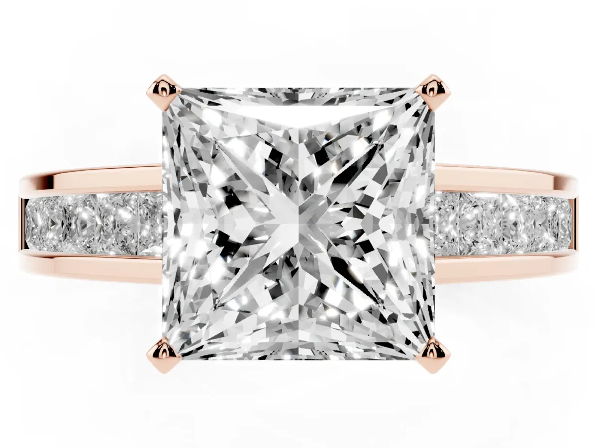 Princess Cut Solitaire Diamond Ring with Channel-Set Band and Four-Prong Setting Rose gold