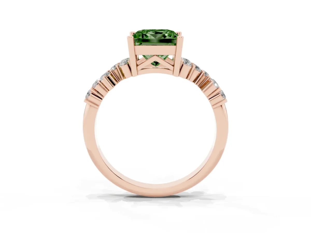 Fancy Green Princess Cut Diamond Scattered Round Accent Ring with Prong Setting Rose gold