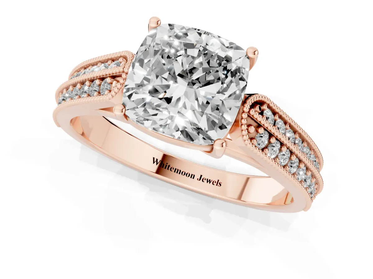 Cushion Cut Cut Pave Split Shank Engagement Ring with Four-Prong Setting Rose gold