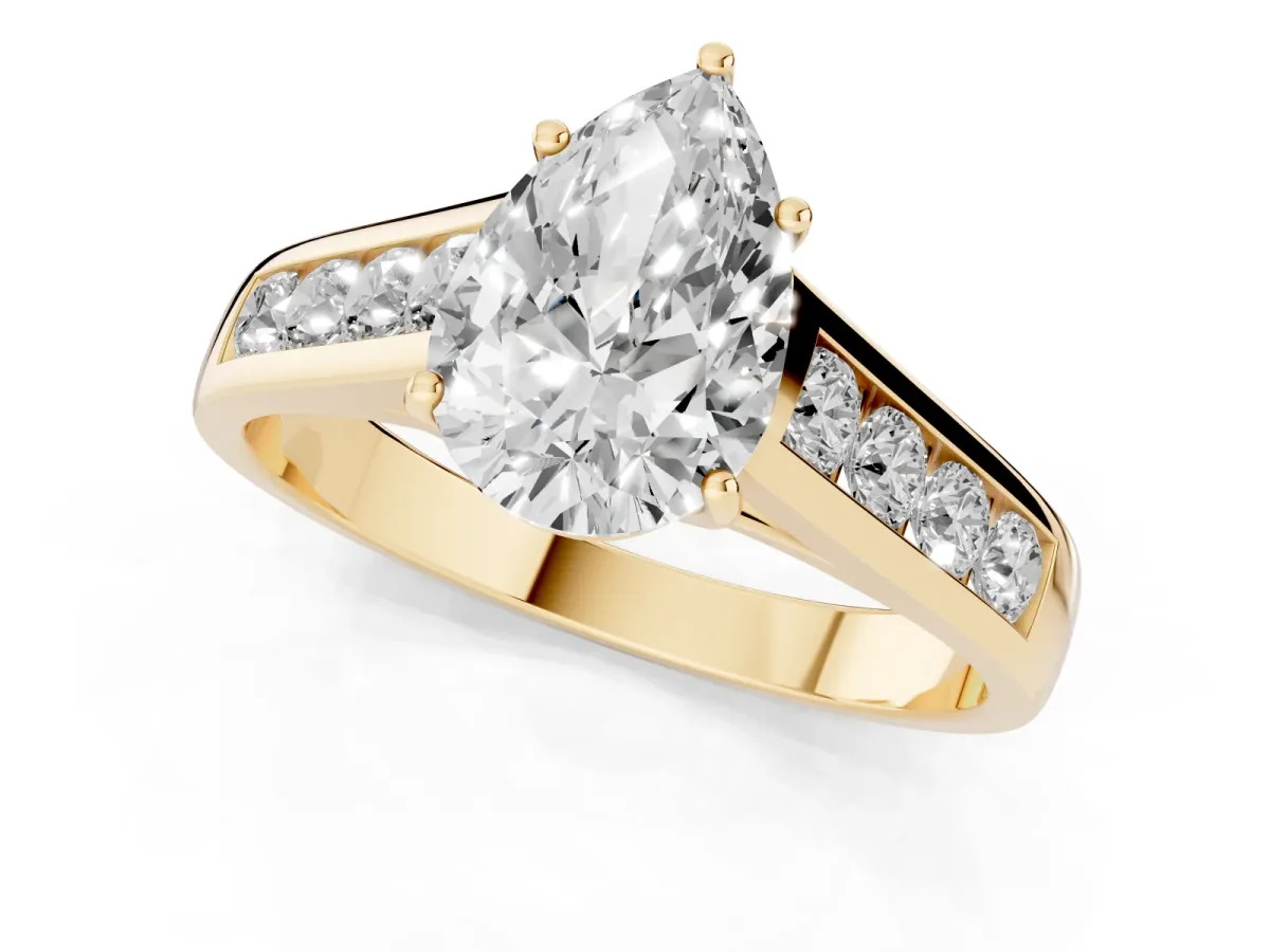 Pear Cut Solitaire Channel-Set Diamond Engagement Ring with Four-Prong Setting Yellow gold