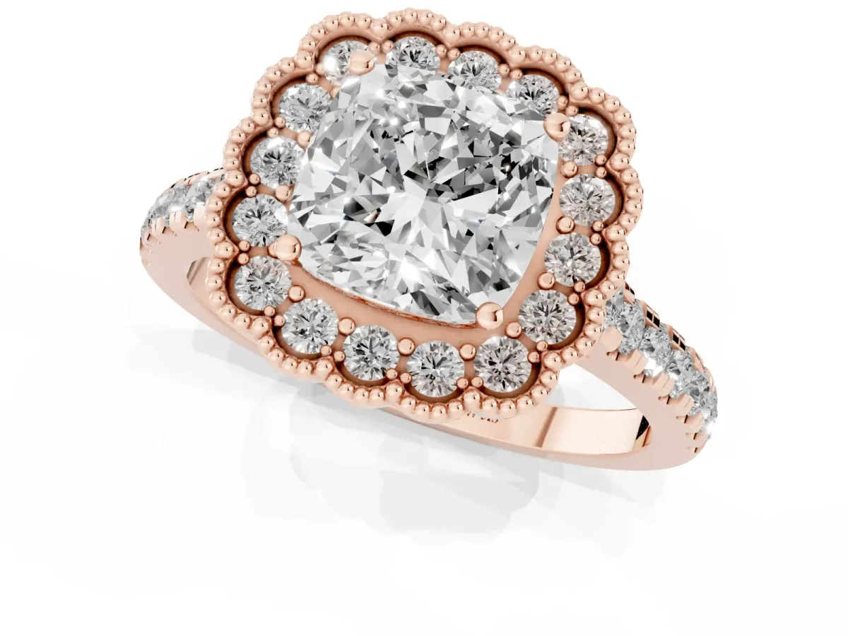 Cushion Cut Cut Diamond Milgrain Floral Halo Engagement Ring with Pavé Band Rose gold