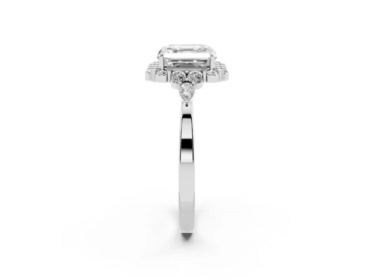 Asscher Cut Diamond Halo Ring with Pear Side Stones and Prong Setting Silver