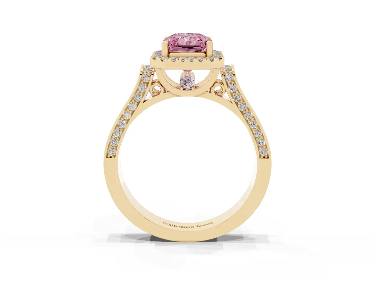 Fancy Pink Radiant Cut Halo Round Diamond Twist Band with Four-Prong Setting Yellow gold
