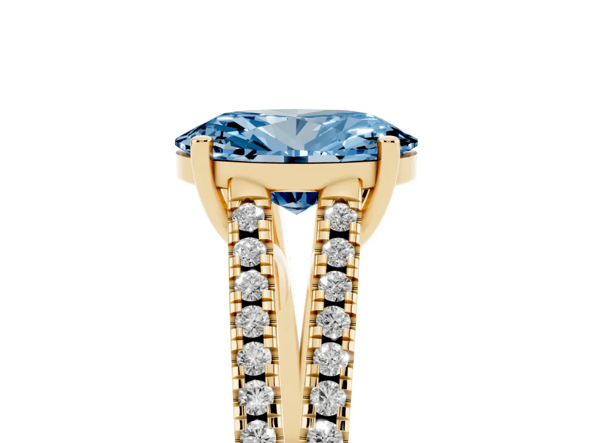 Fancy Blue Oval Cut Diamond Solitaire Engagement Ring with Split Shank Pavé Band Yellow gold