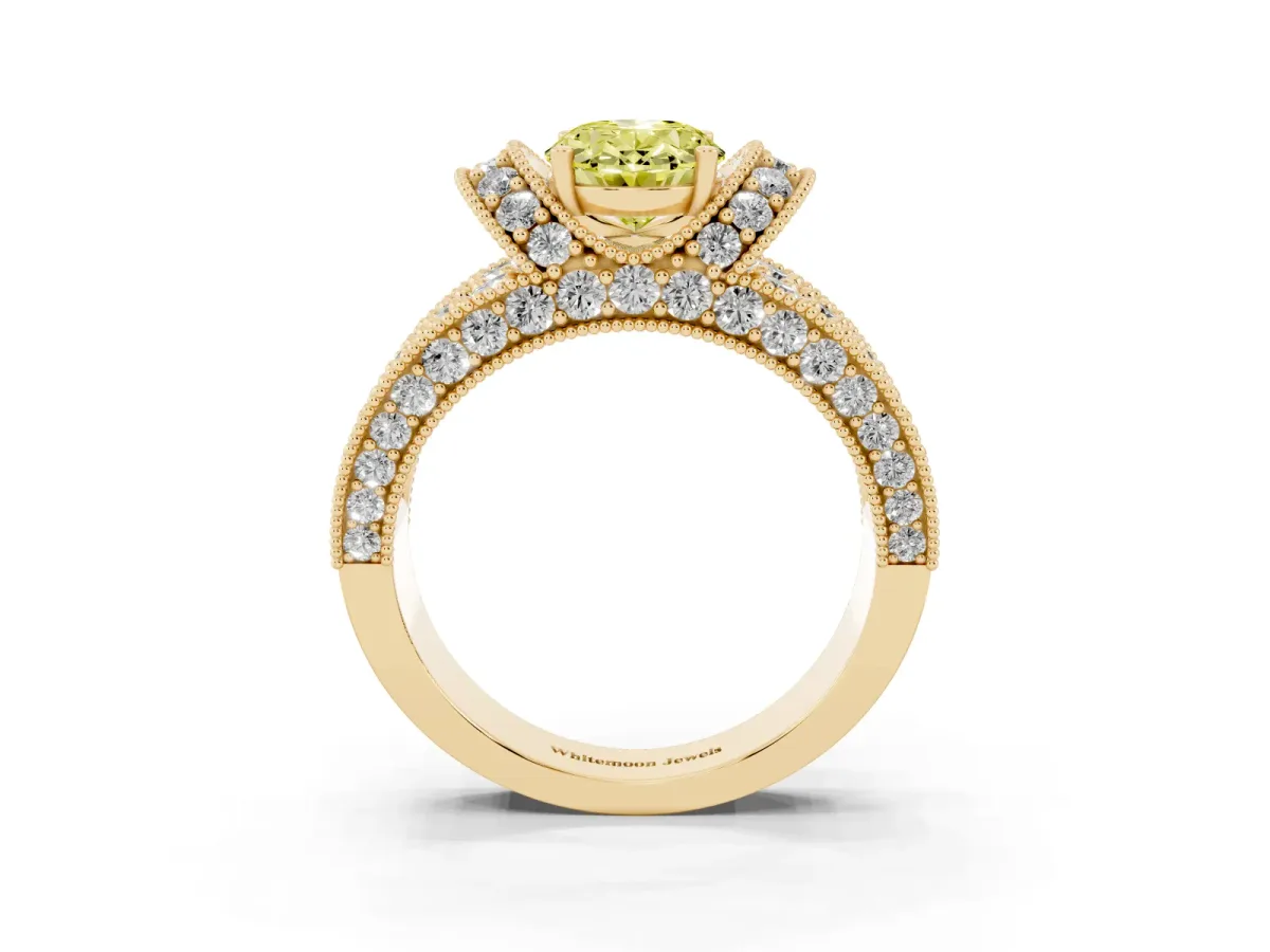 Fancy Yellow Oval Cut Halo Pave Diamond Engagement Ring with Milgrain Detailing Yellow gold