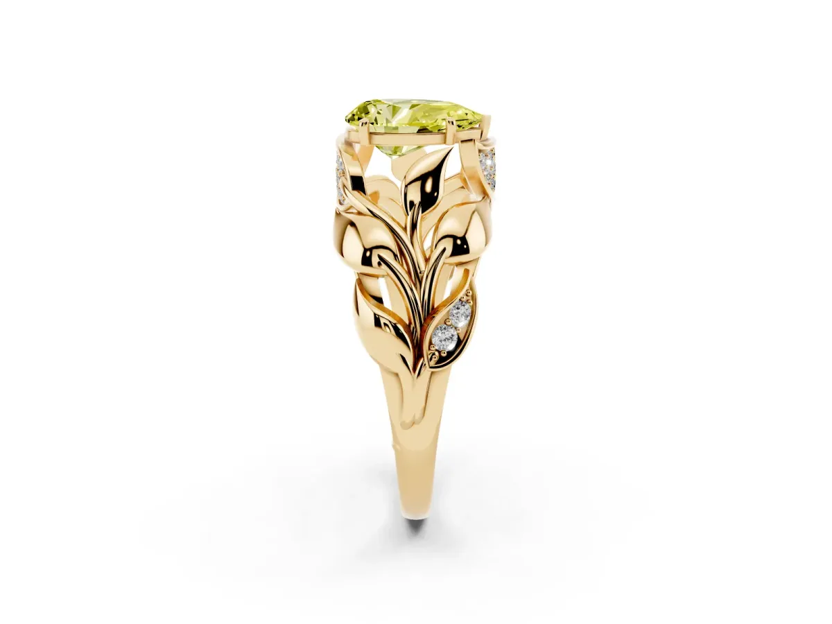 Fancy Yellow Pear Cut Diamond Leaf-Inspired Engagement Ring with Round Accents and Prong Setting Yellow gold