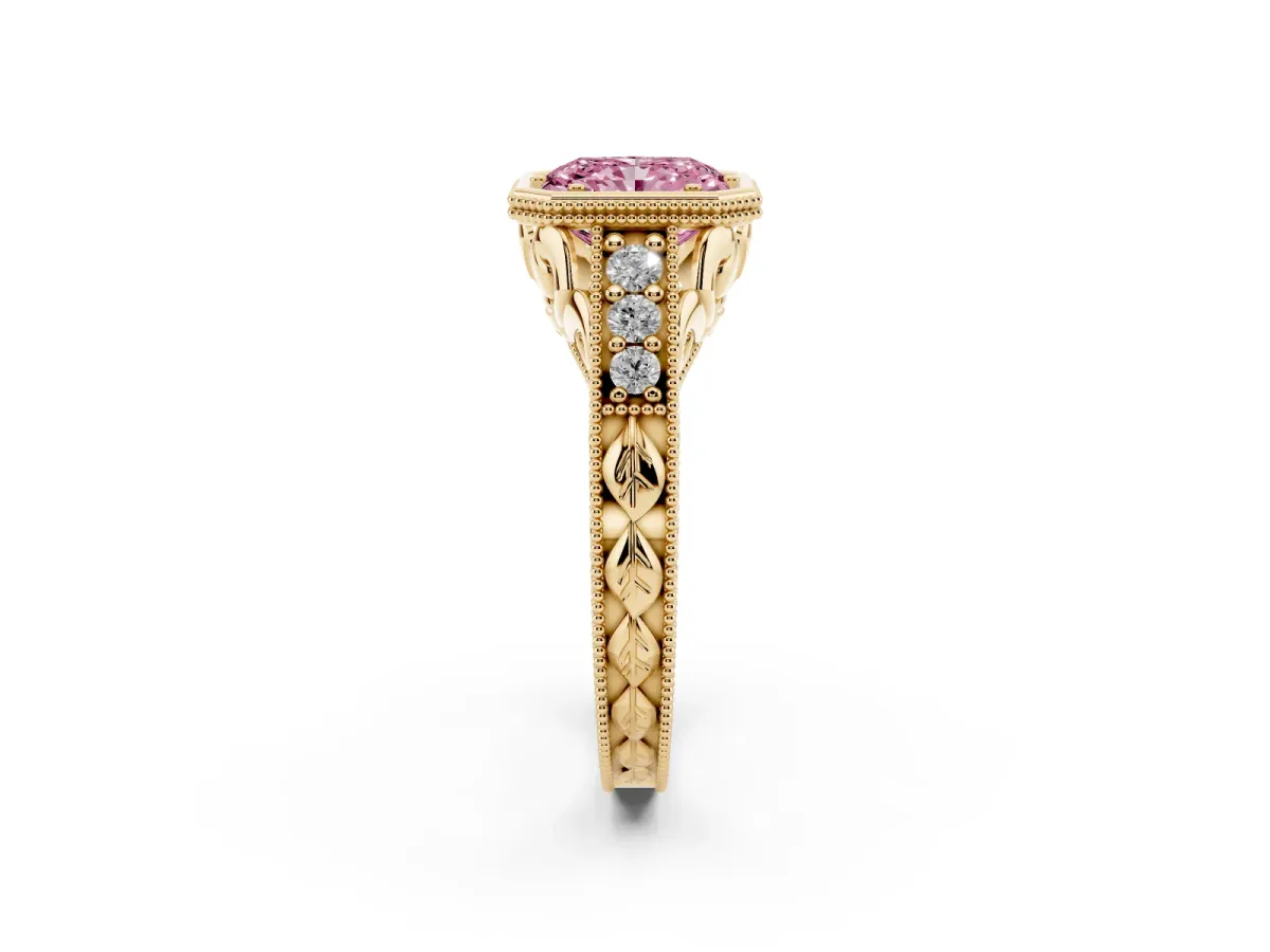 Fancy Pink Bezel Set Radiant Cut Diamond Milgrain Pave Engagement Ring Yellow gold