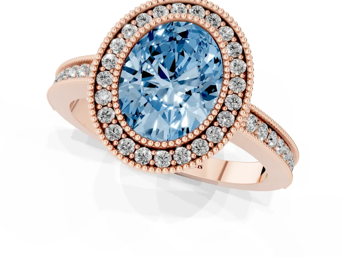 Fancy Blue Oval Cut Cut Halo Diamond Ring with Pavé Band and Milgrain Prong Setting Rose gold