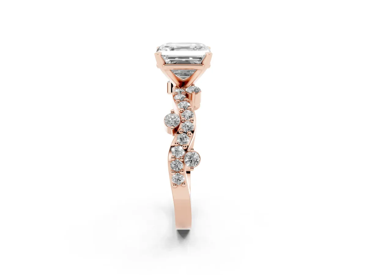 Asscher Cut Cut Solitaire Diamond Twisted Band with Pave Setting Rose gold