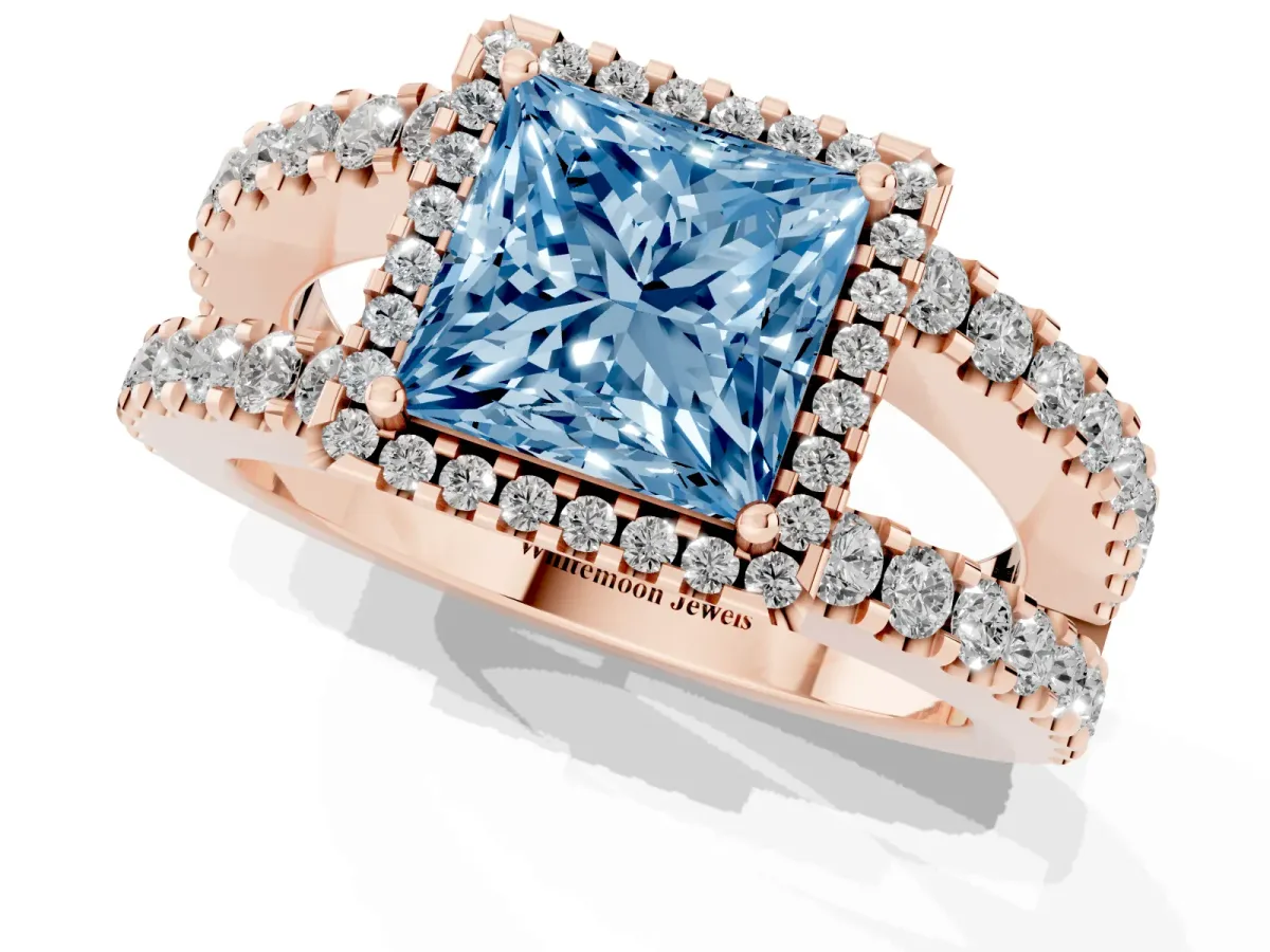 Fancy Blue Princess Cut Cut Halo Split Shank Diamond Ring with Four-Prong Setting Rose gold