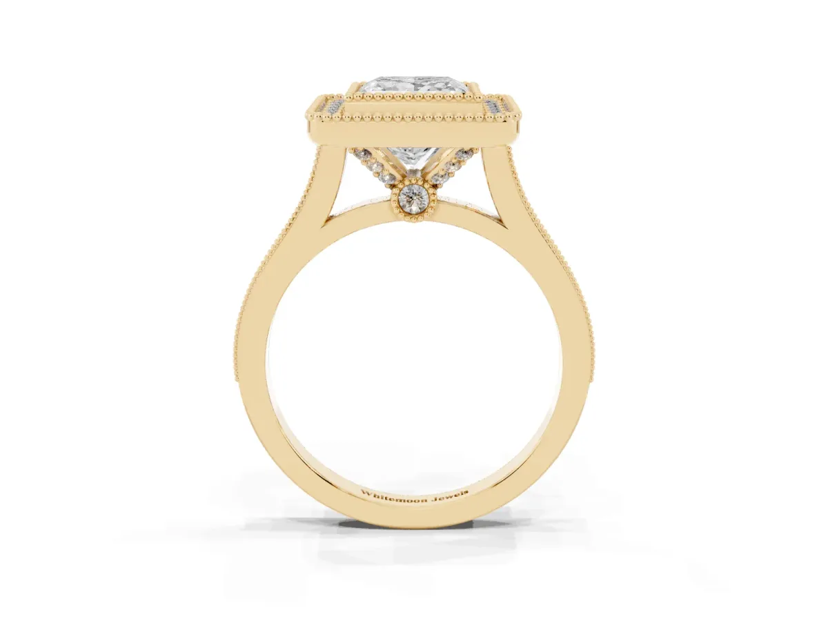 Princess Cut Diamond Halo Ring with Milgrain Frame and Pavé Band Yellow gold