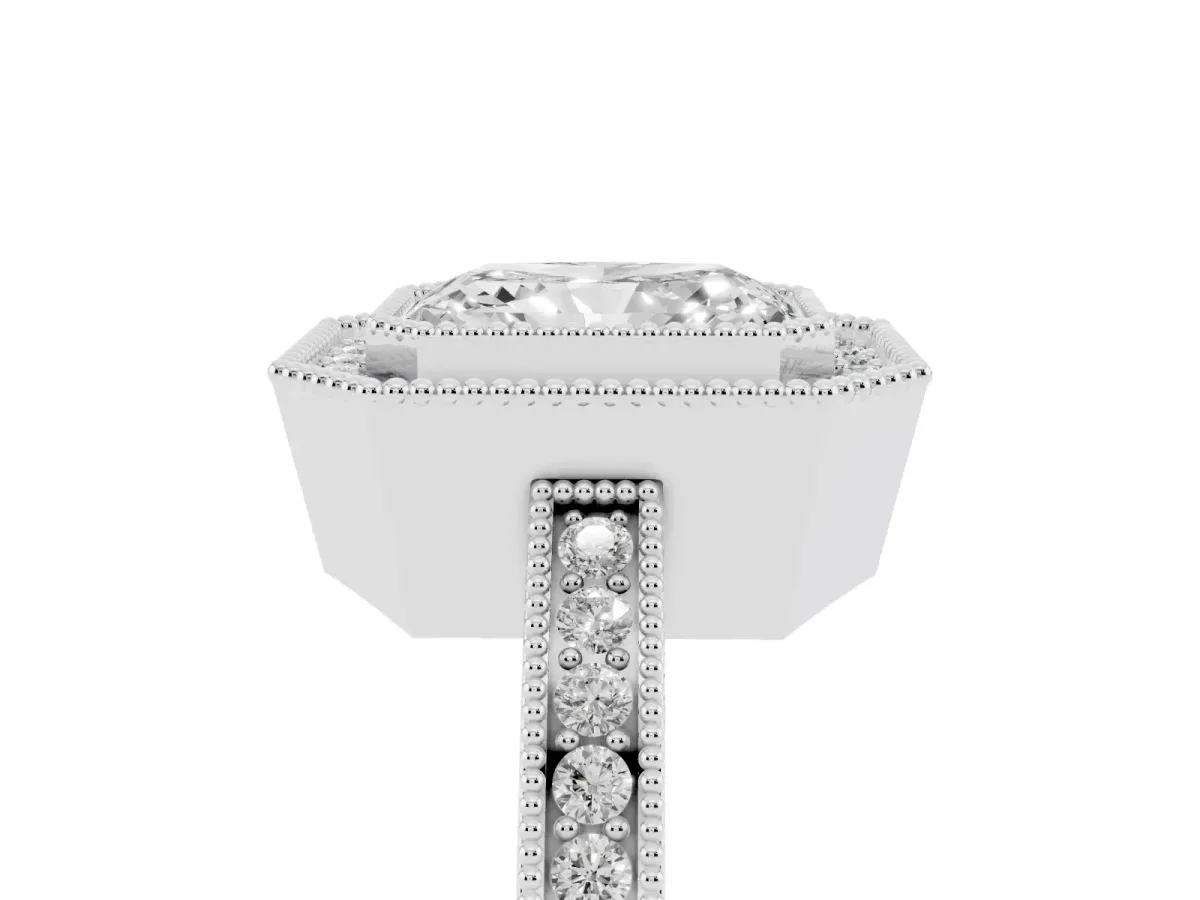 Radiant Cut Cut Halo Diamond Ring with Pavé Band and Milgrain Prong Setting Silver