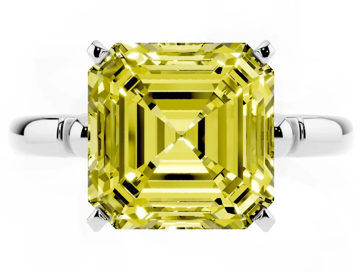 Fancy Yellow Asscher Cut Solitaire Beaded Band with Four-Prong Setting Platinum