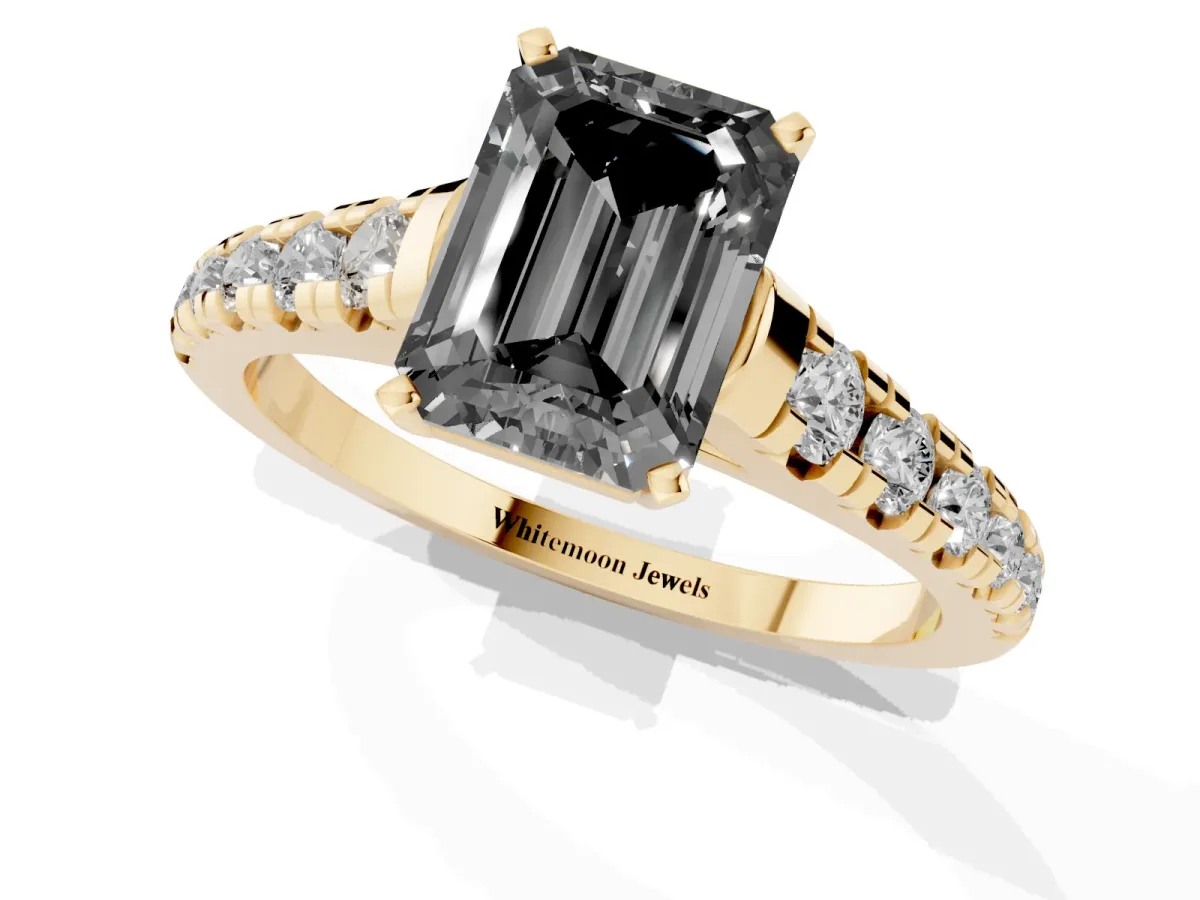 Fancy Black Emerald Cut Diamond Cathedral Solitaire Ring with Round Pavé Band Yellow gold