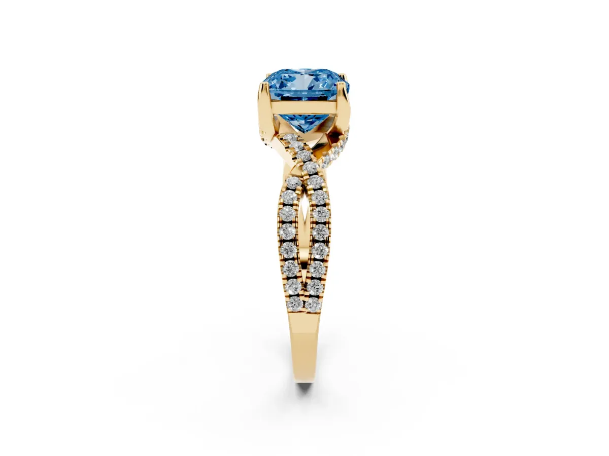Fancy Blue Cushion Cut Solitaire Twist Pave Diamond Engagement Ring with Prong Setting Yellow gold