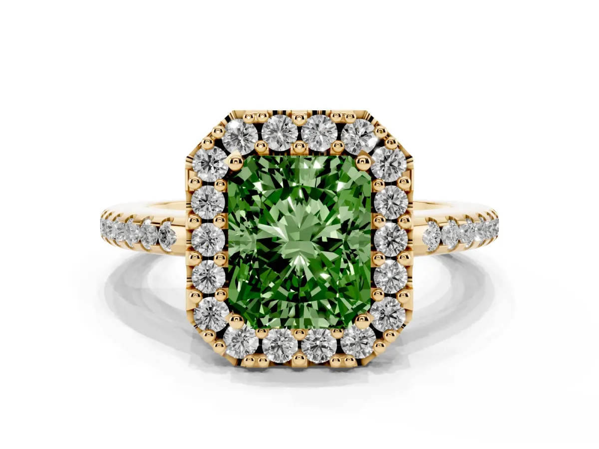 Fancy Green Radiant Cut Diamond Pavé Halo Ring with Four-Prong Setting Yellow gold