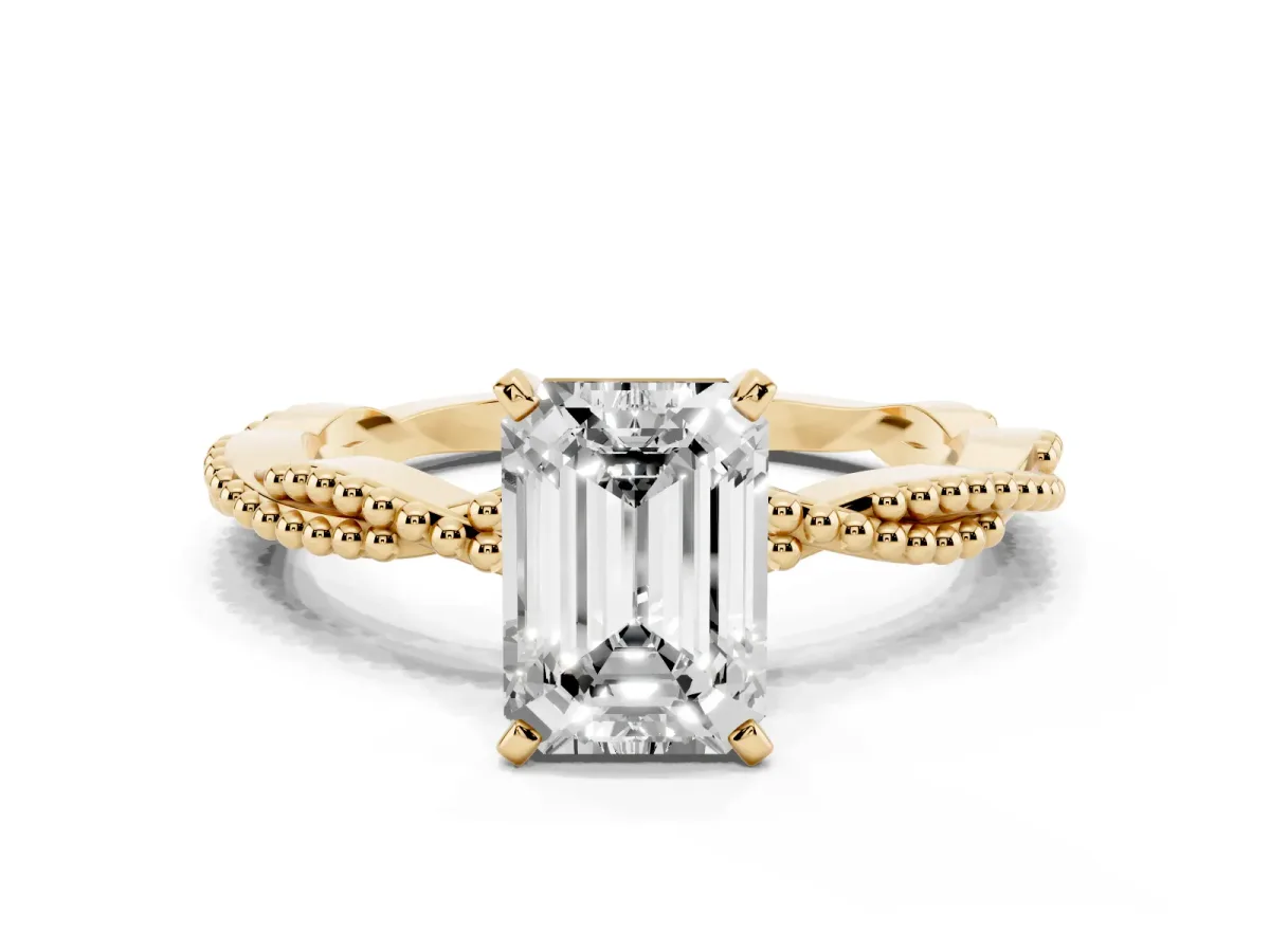 Emerald Cut Solitaire Twisted Band with Bead Prong Setting Yellow gold