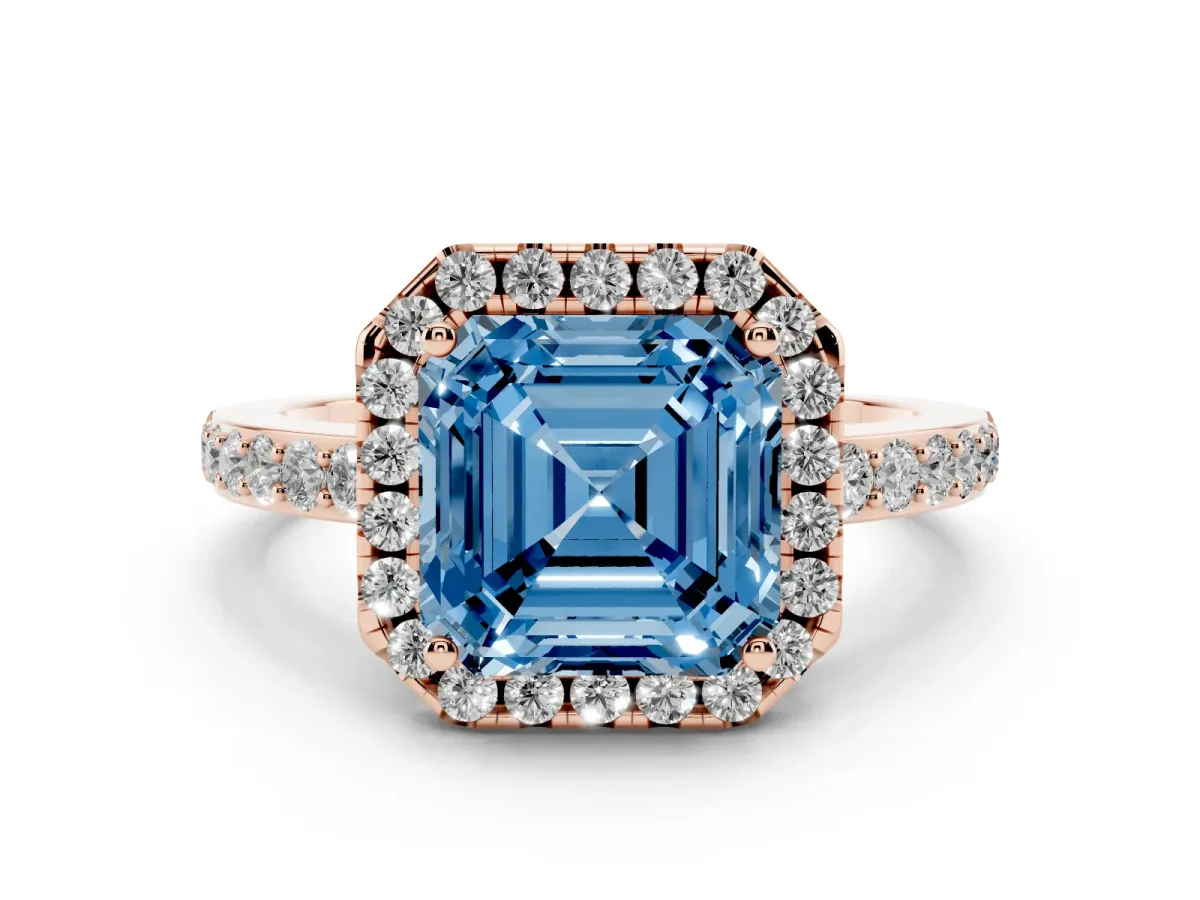 Fancy Blue Asscher Cut Halo Diamond Pavé Band Ring with Prong Setting Rose gold