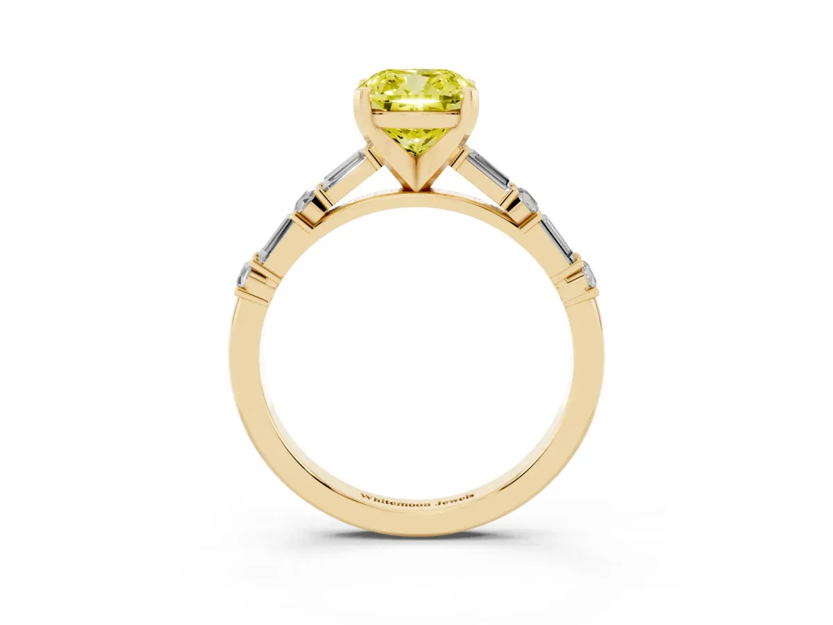 Fancy Yellow Cushion Cut Diamond Solitaire with Side Baguettes and Channel Set Band Yellow gold