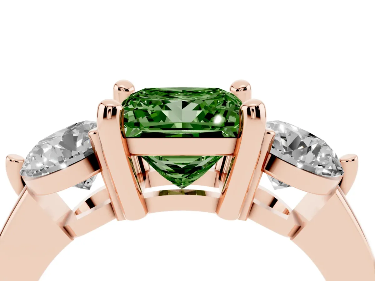 Fancy Green Three-Stone Princess Cut Brilliant Cut Solitaire Ring with Prong Setting on a Classic Band Rose gold