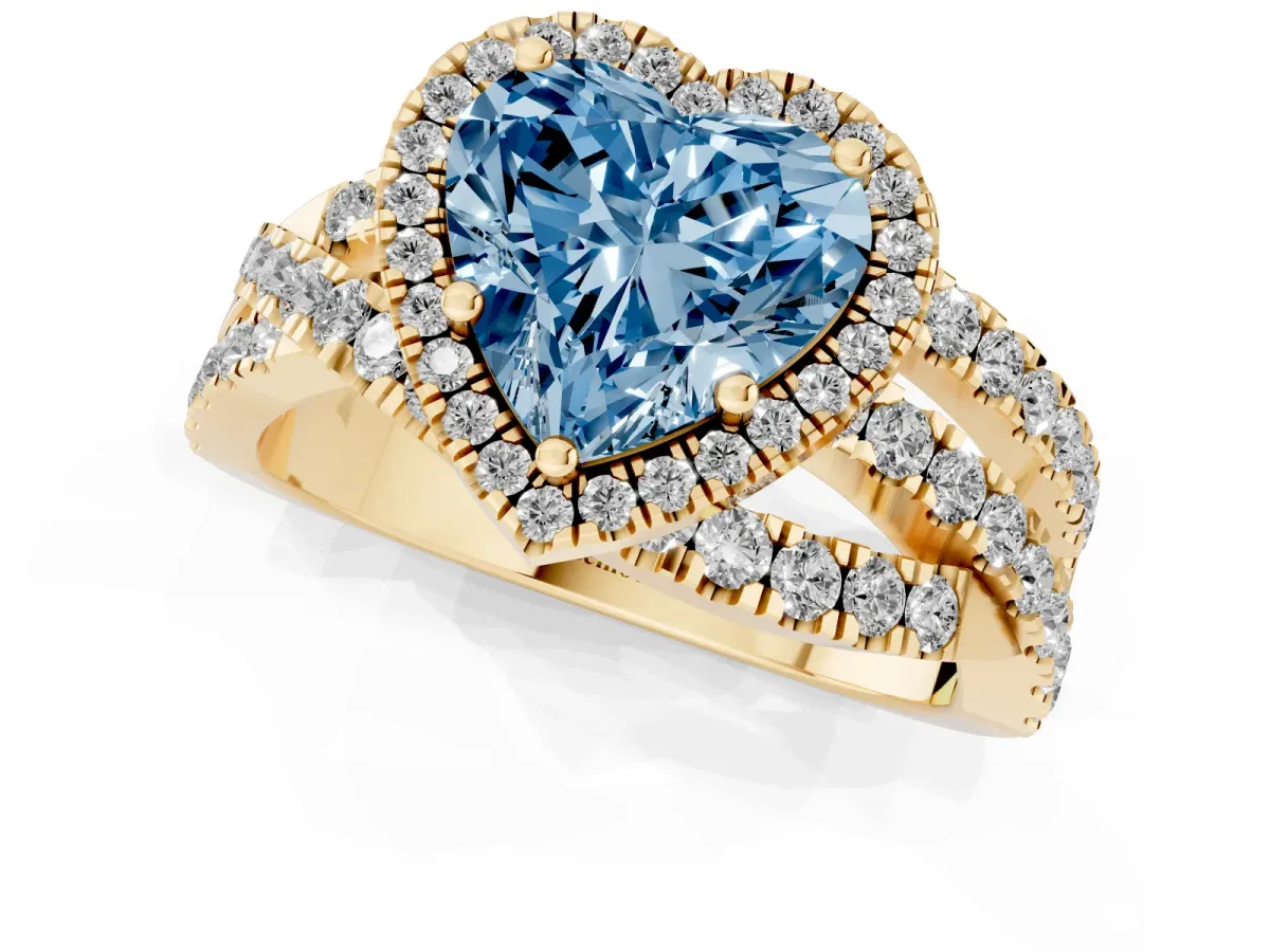 Fancy Blue Heart Cut Diamond Halo Ring with Round Split Shank and Prong Setting Yellow gold