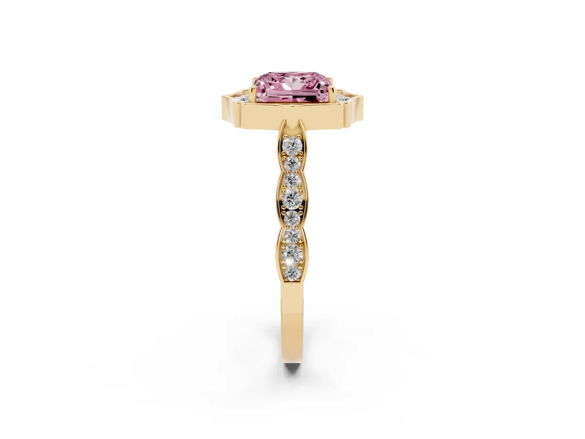 Fancy Pink Princess Cut Halo Diamond Engagement Ring with Milgrain Band and Four-Prong Setting Yellow gold