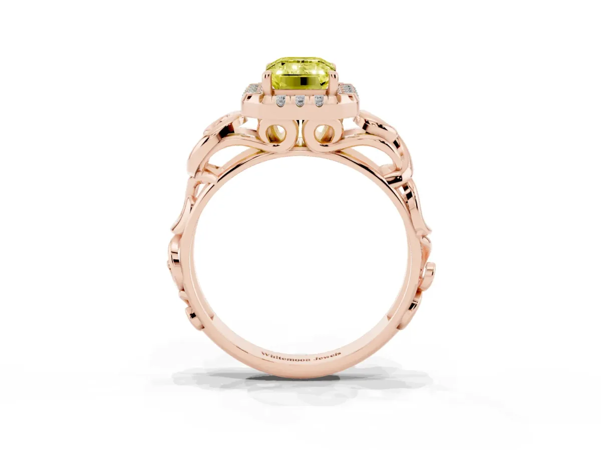 Fancy Yellow Emerald Cut Cut Halo Diamond Ring with Scrollwork Band and Four-Prong Setting Rose gold