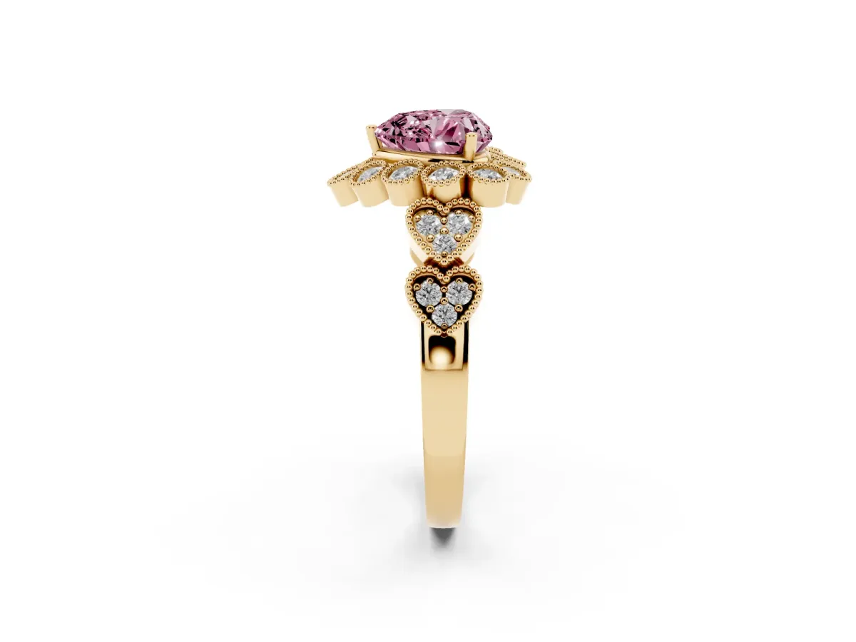 Fancy Pink Heart Cut Brilliant Milgrain Pave Heart Band Solitaire Ring Yellow gold