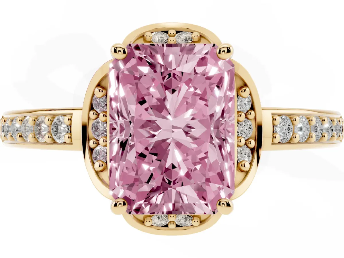 Fancy Pink Radiant Cut Cut Halo Diamond Ring with Channel Set Band and Four-Prong Setting Yellow gold