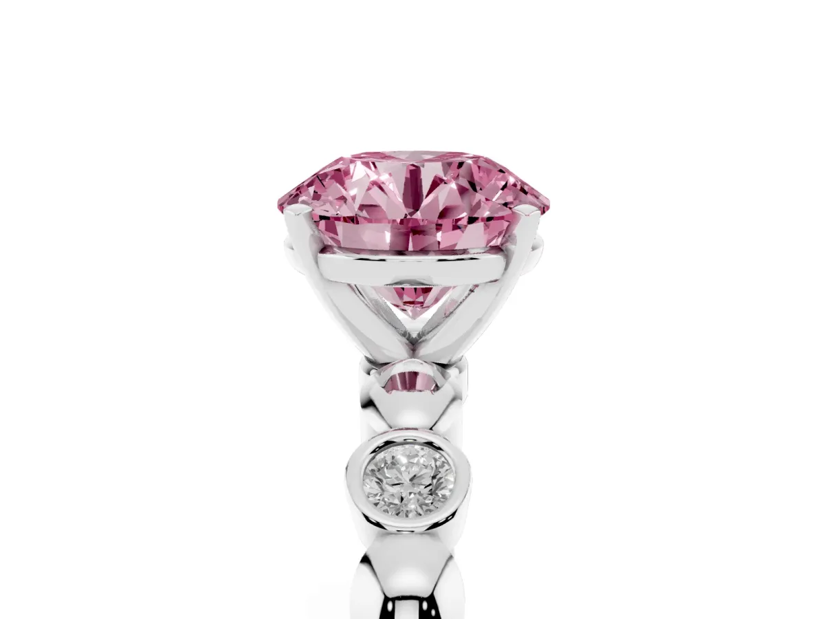 Fancy Pink Round Cut Solitaire Bezel-Set Diamond Ring with Beaded Band and Four-Prong Setting Silver