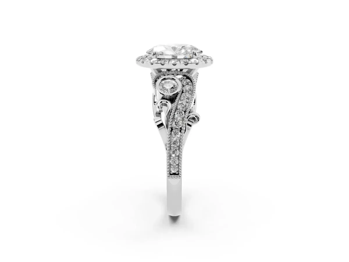 Oval Cut Diamond Halo Ring with Milgrain Pavé Band and Four-Prong Setting Silver