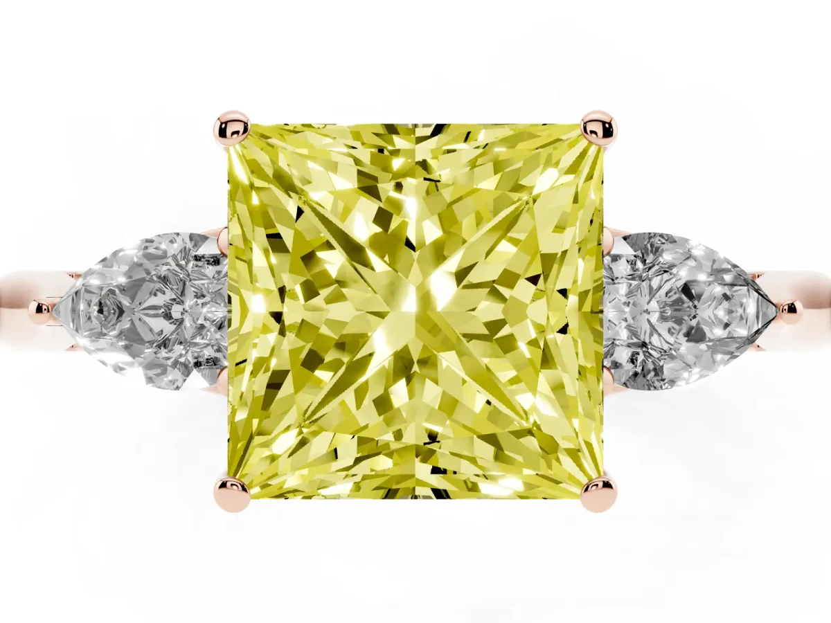 Fancy Yellow Princess Cut Diamond Three-Stone Ring with Pear Side Stones and Prong Setting Rose gold