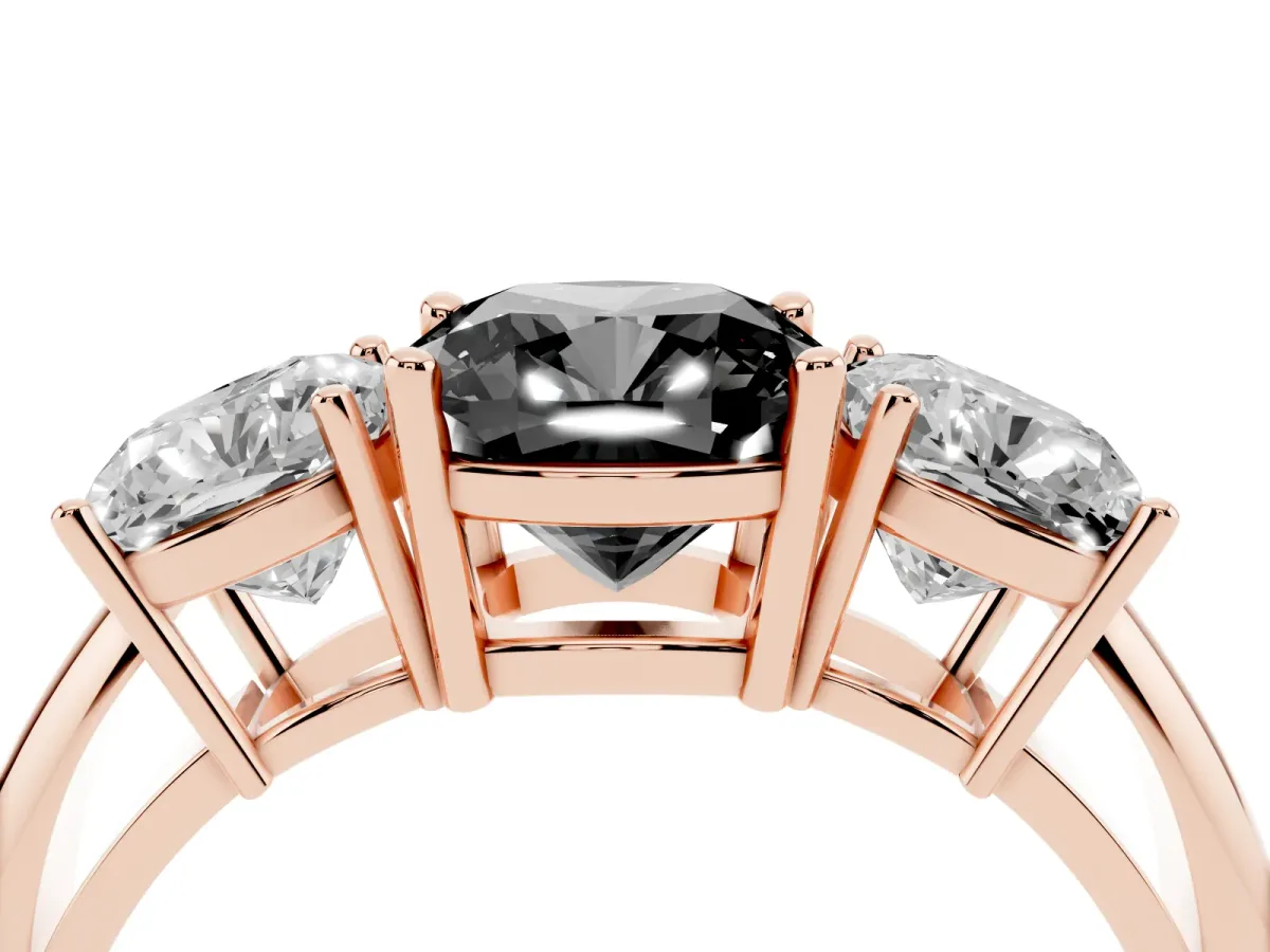 Fancy Black Three-Stone Cushion Cut Cut Diamond Engagement Ring with Prong Setting on a White Gold Band Rose gold