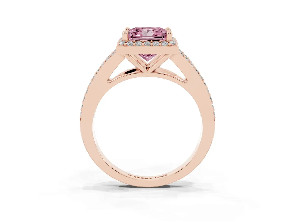 Fancy Pink Princess Cut Halo Split Shank Pave Diamond Ring with Four-Prong Setting Rose gold