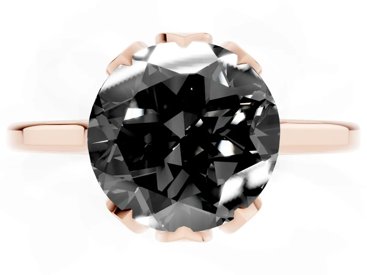 Fancy Black Round Cut Diamond Solitaire Ring with Flower Prong Setting and Classic Band Rose gold