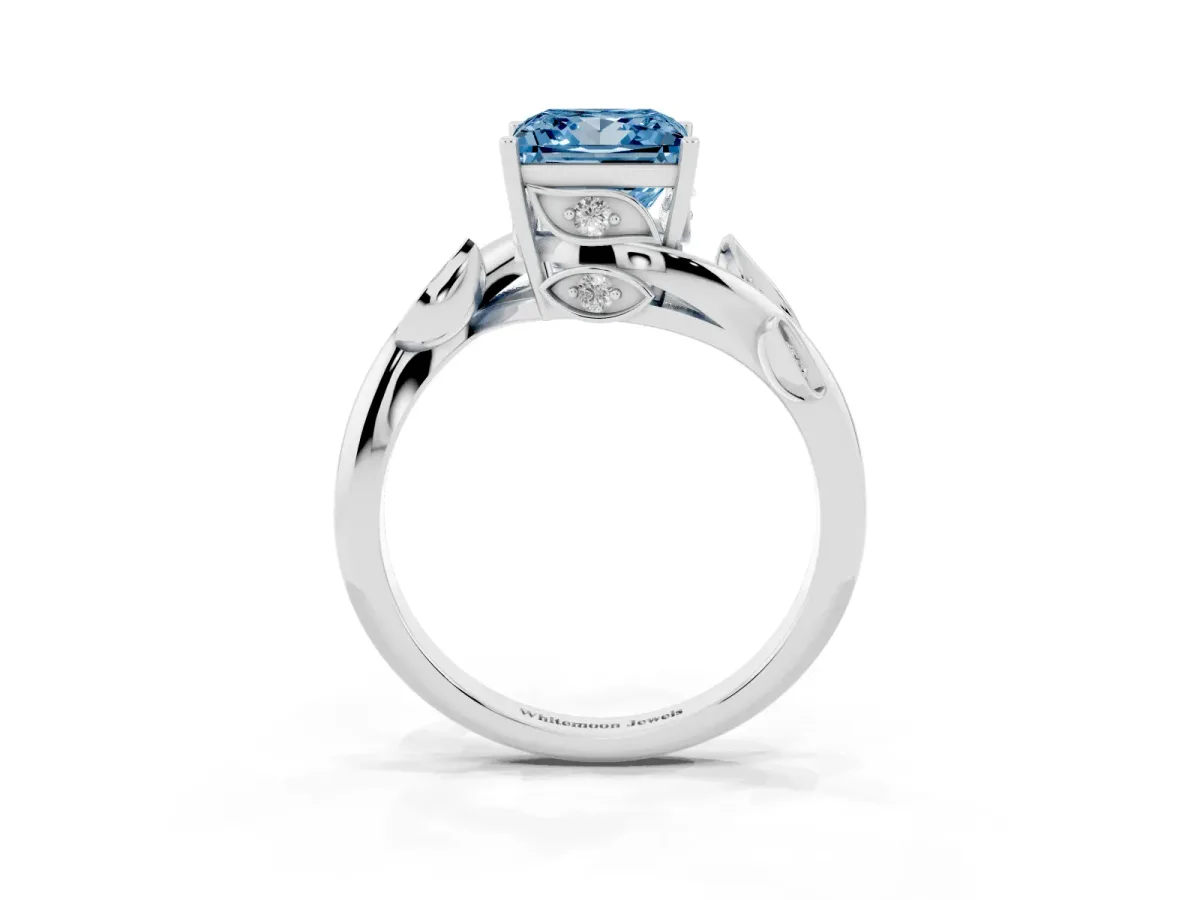 Fancy Blue Princess Cut Solitaire Twist Engagement Ring with Leaf Accents and Prong Setting Silver