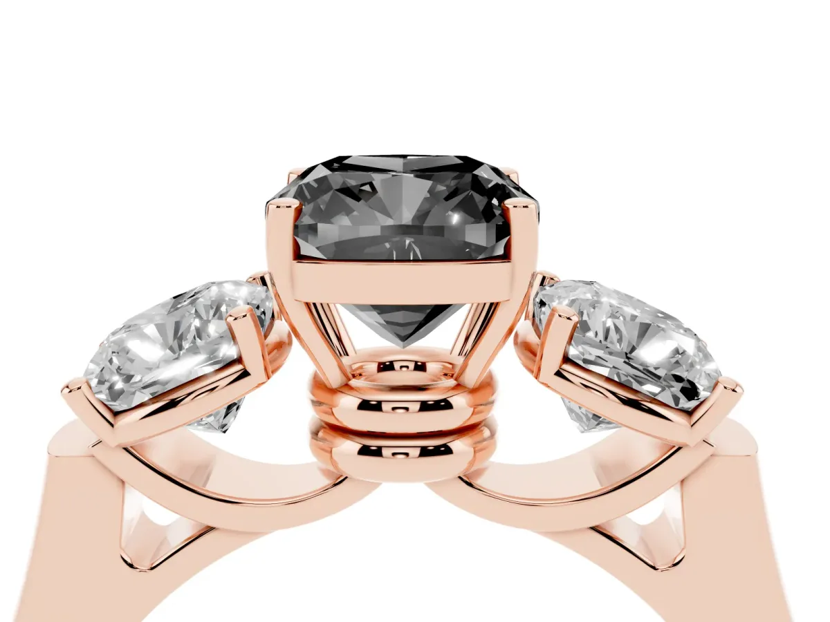 Fancy Black Three-Stone Cushion Cut Brilliant Diamond Trellis Ring with Comfort Fit Band Rose gold