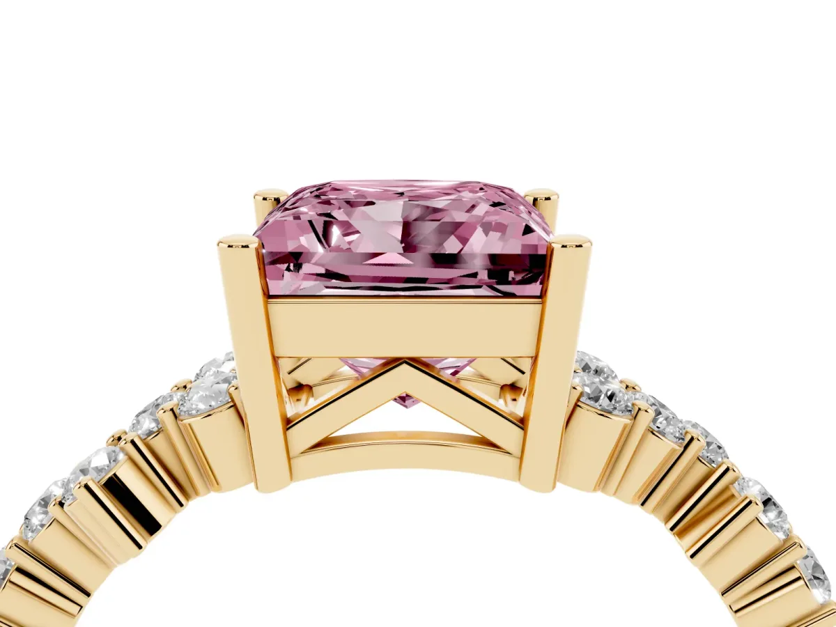 Fancy Pink Princess Cut Diamond Scattered Round Accent Ring with Prong Setting Yellow gold