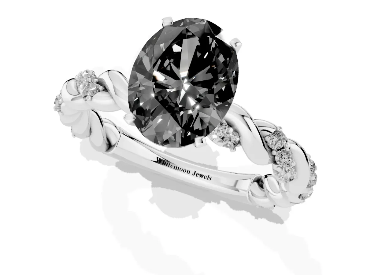 Fancy Black Oval Cut Diamond Solitaire Ring with Twisted Band and Pavé Accents Silver