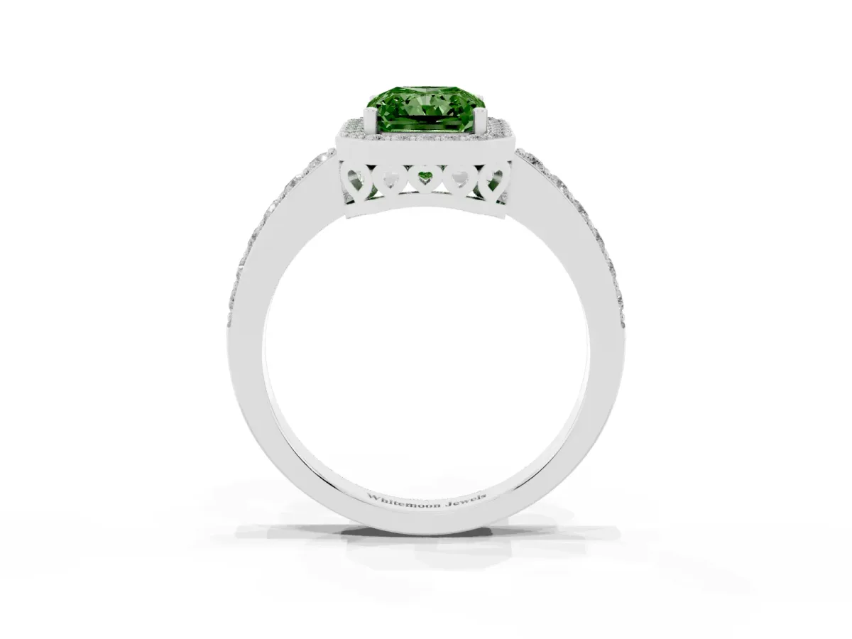 Fancy Green Radiant Cut Halo Diamond Pavé Band Ring with Prong Setting Silver