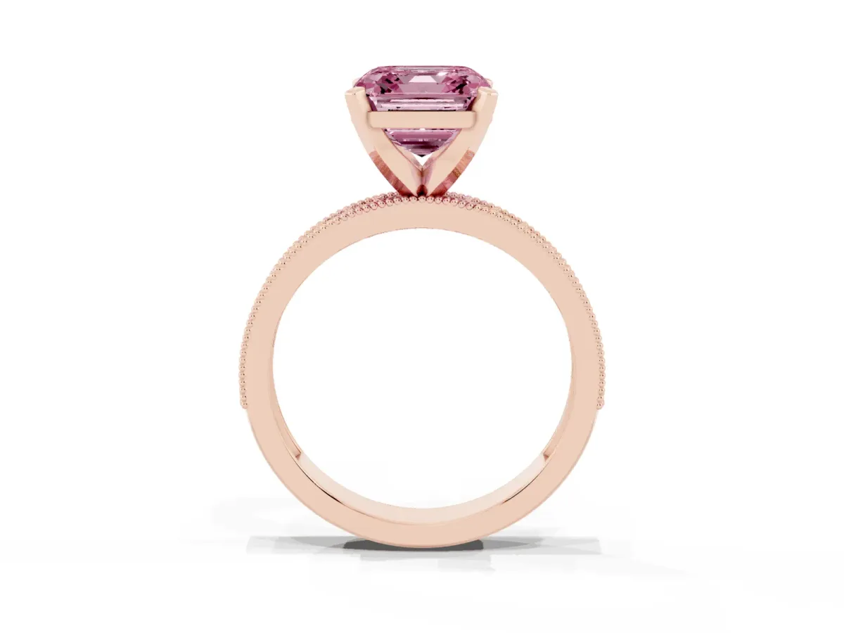 Fancy Pink Asscher Cut Diamond Milgrain Pavé Engagement Ring with Four-Prong Setting Rose gold