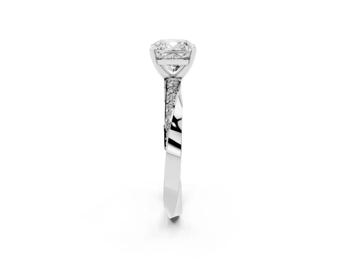 Cushion Cut Diamond Engagement Ring with Side Stone Accents and Four-Prong Setting Silver