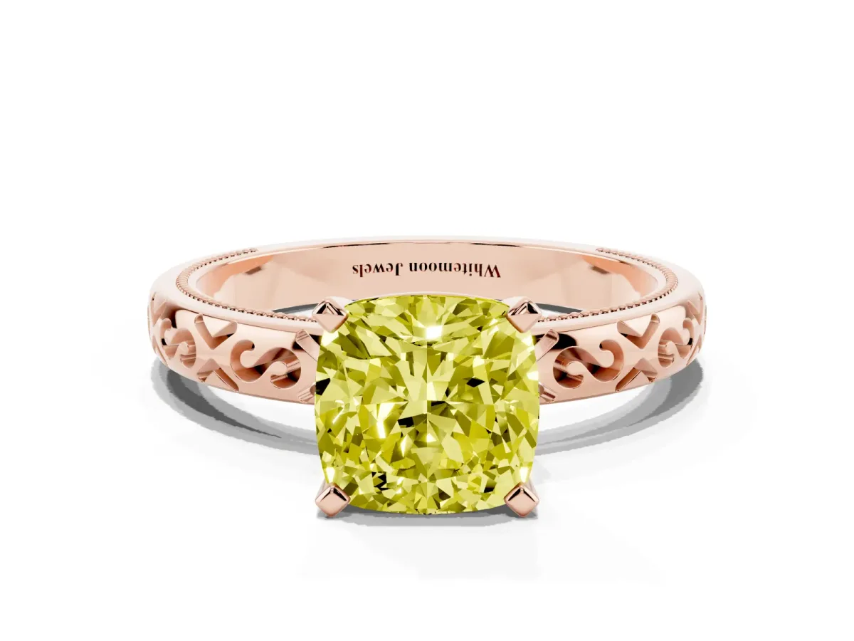 Fancy Yellow Cushion Cut Solitaire Engagement Ring with Scrollwork Band and Four-Prong Setting Rose gold
